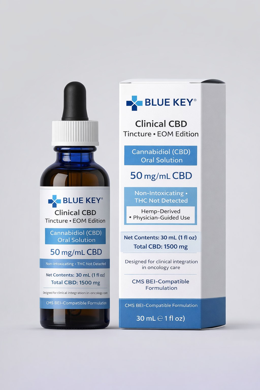 Blue Key Clinical CBD tincture bottle, 50 mg/mL